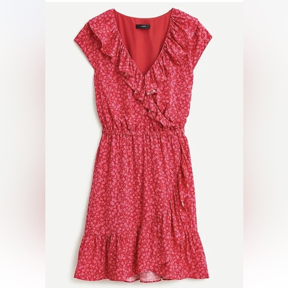 🆕J. Crew-Red & Pink V-Neck Floral Ruffled Faux Wrap Dress NWT, Size 6, lined - Picture 3 of 10